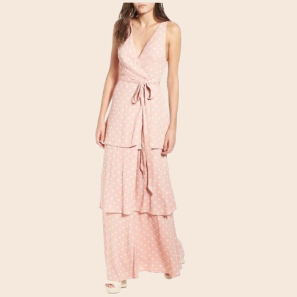AFRM Pastel Pink Polka Dot Tiered Wrap Maxi Dress Size Small